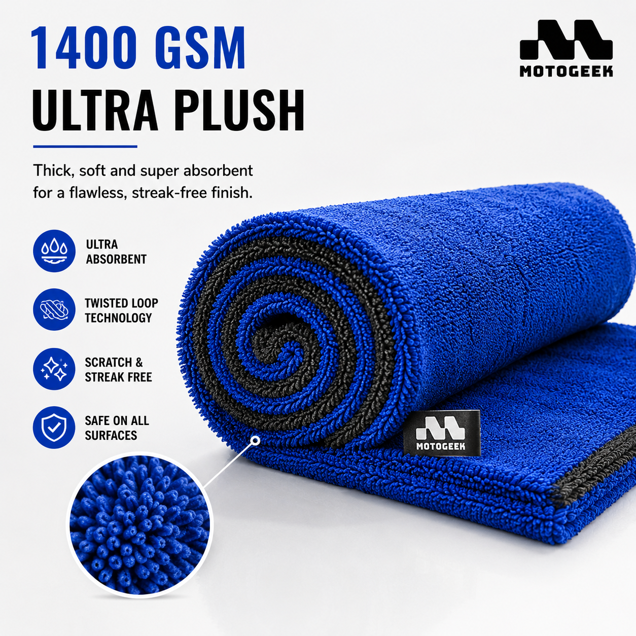 1400 GSM Premium Automotive Microfiber Drying Towel – Grey, 50×80 cm Motogeek®