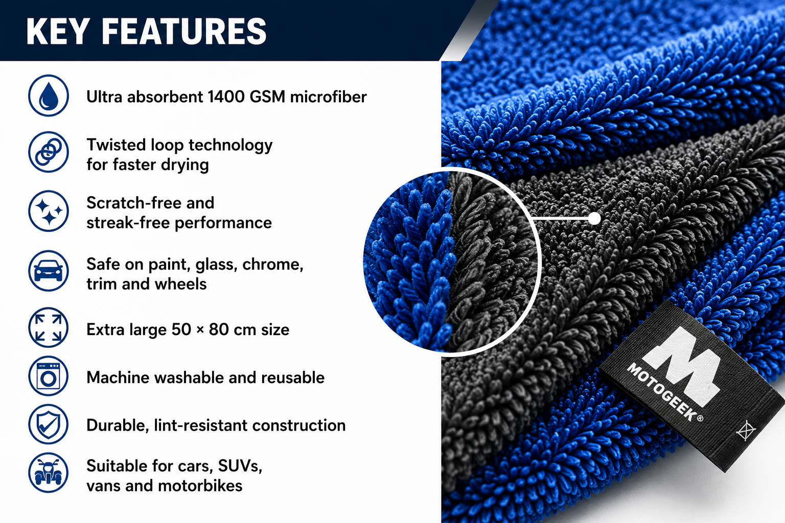 1400 GSM Premium Automotive Microfiber Drying Towel – Grey, 50×80 cm Motogeek®