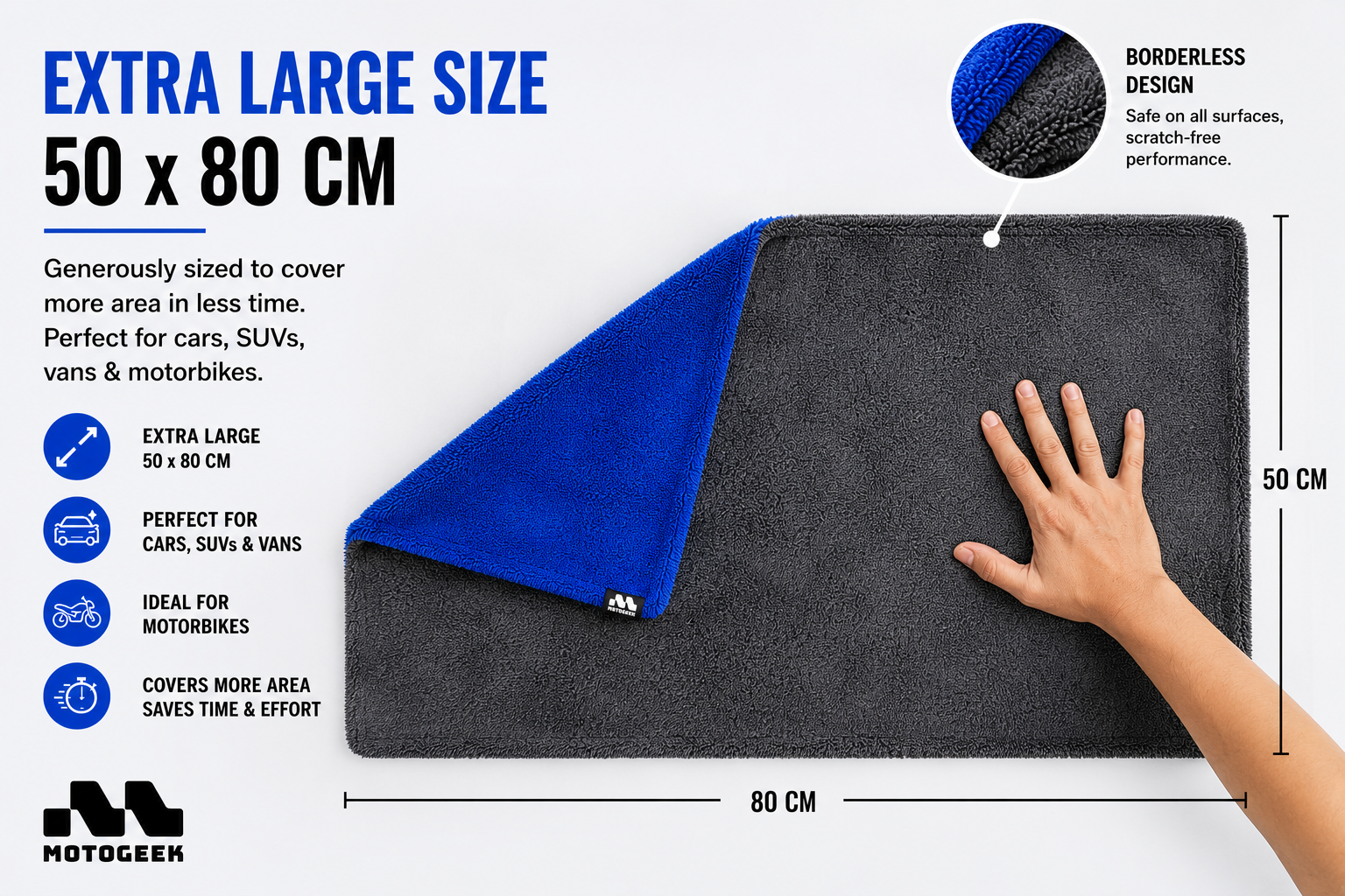 1400 GSM Premium Automotive Microfiber Drying Towel – Grey, 50×80 cm Motogeek®